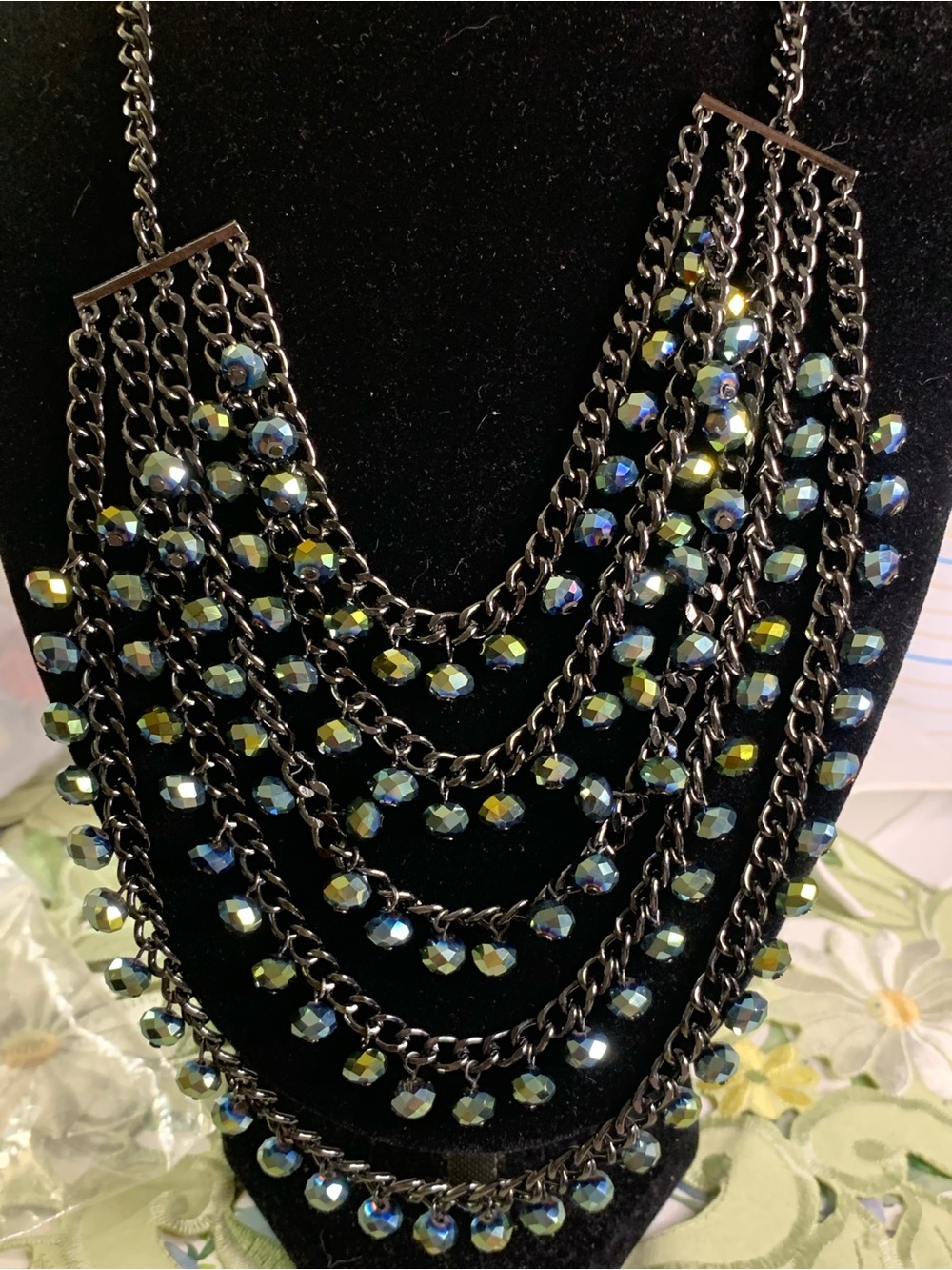 Iridescent Multi-Strand Bead Statement Necklace - Black Chain